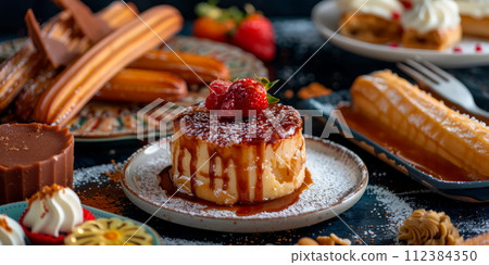 Mexican desserts, including churros, flan, and tres leches cake. 112384350