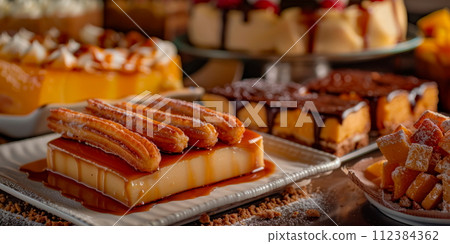 Mexican desserts, including churros, flan, and tres leches cake. 112384362