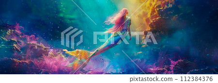 visually striking composition of a fantastical creature such as a mermaid enchanted watercolor background. visually striking composition of a fantastical creature such as a mermaid enchanted watercolor background. 112384376