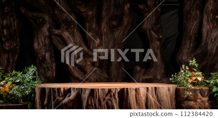 tree table podium set against a backdrop of lush forest scenery, evoking a sense of connection with nature. 112384420