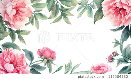 Watercolor pink peonies with soft green leaves frame Watercolor pink peonies with soft green leaves frame 112384580