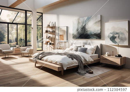 Bedroom designed in the Scandinavian style, featuring a serene and calming ambiance 112384597
