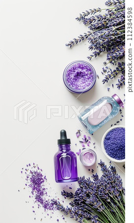 Natural organic cosmetics with lavender extract on white background flat lay top view. 112384598