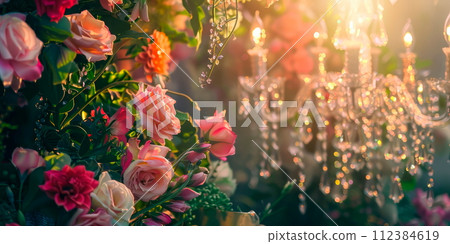 Opulent Garden Party backdrop with a mix of blooming flowers, lush greenery, and luxurious accents such as crystal chandeliers 112384619