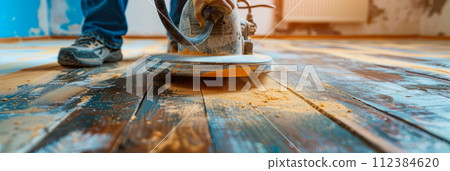 Sanding surfaces close-up of a worker using sandpaper or a sander to smooth surfaces before painting or refinishing 112384620