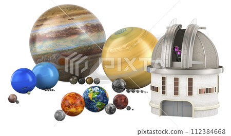 Observatory with planets and satellites of the solar system, 3D rendering 112384668