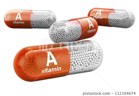 Vitamin A capsules, retinol. 3D rendering 112384674