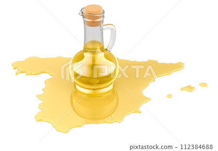 Production olive oil in Spain, concept. Glass bottle full of cooking oil with oil spilled in the shape of Spanish map, 3D rendering 112384688