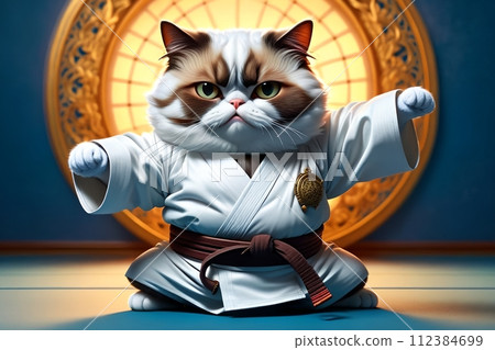 A fat cat in a T-shirt is doing sports in the gym. 112384699