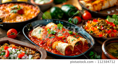 spread of traditional mexican dish enchilada spread of traditional mexican dish enchilada 112384712