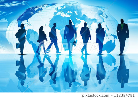 Silhouettes of business people on globe background, symbolizing international business and corporate globalization. 112384791