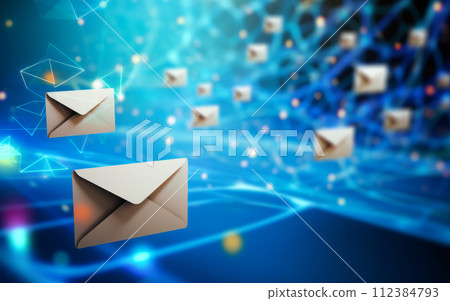 Digital composite of Envelopes flying over network against blue glowing background.Email and sms marketing concept Digital composite of Envelopes flying over network against blue glowing background.Email and sms marketing concept 112384793