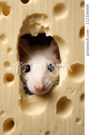 Mouse peeking out of a hole in a piece of cheese 112384809