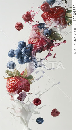 Falling strawberries and blueberries in milk splash on a white background 112384821