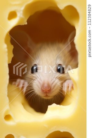 Mouse peeking out of a hole in a piece of cheese Mouse peeking out of a hole in a piece of cheese 112384829