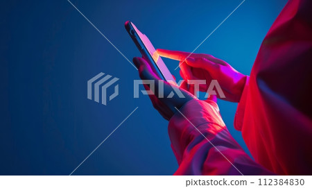 hand open the mobile app of email, VR, metaverse, dark blue background 112384830