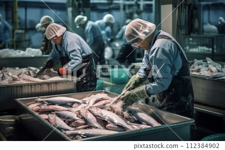Fishermen are sorting fresh tuna fish in a seafood factory. 112384902