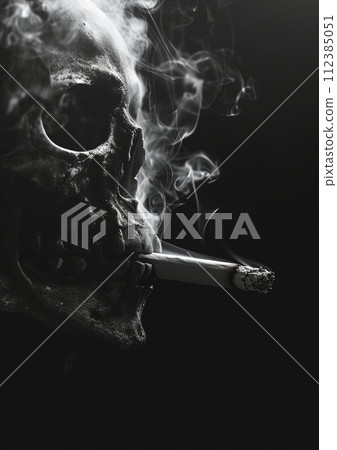 Cigarette smoke in the shape of skull on black... - Stock Illustration  [112385051]
