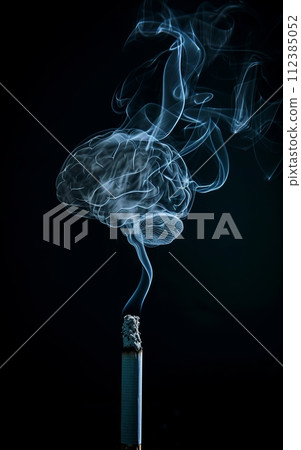Cigarette smoke in the shape of human brain on black background.Stop smoking concept 112385052