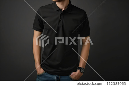 Man in black polo shirt, mockup on dark gray background. T-shirt design template, print presentation mockup without face and logo Man in black polo shirt, mockup on dark gray background. T-shirt design template, print presentation mockup without face and logo 112385063