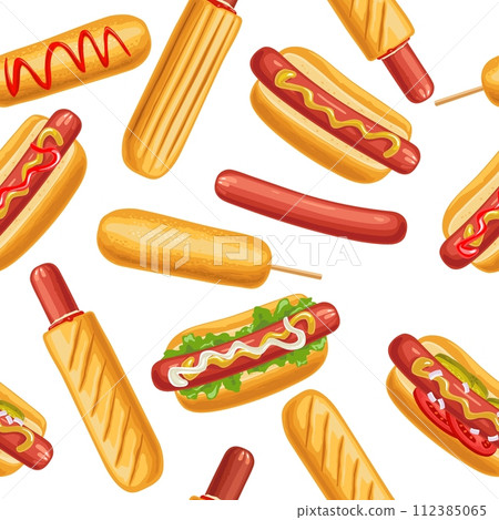 Seamless pattern different types hotdog and corndog. Vector color icon 112385065