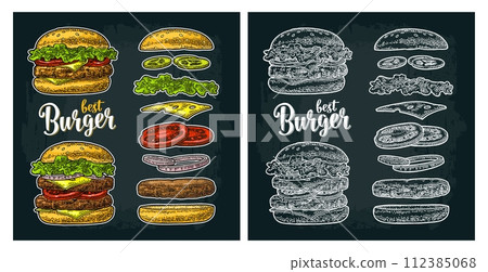 Burger with flying ingredients on white background. Vector black vintage engraving 112385068
