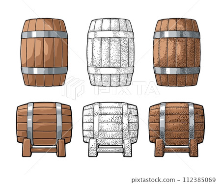 Wooden barrel with metal hoops engraving vector illustration 112385069