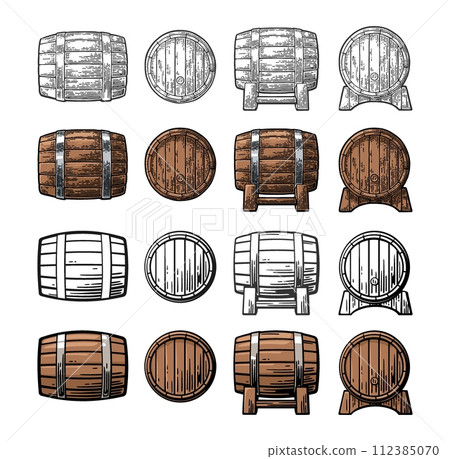 Wooden barrel with metal hoops engraving vector illustration 112385070