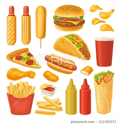 French fry stick potato in paper box. Vector color realistic illustration. 112385071