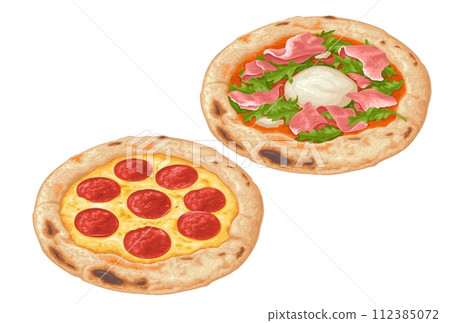 Pizza with arugula, burrata and prosciutto. Vector color realistic illustration 112385072