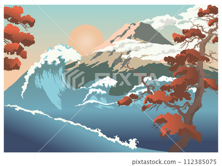 View of Mountain with wave and tree. Color vector flat cartoon illustration. 112385075