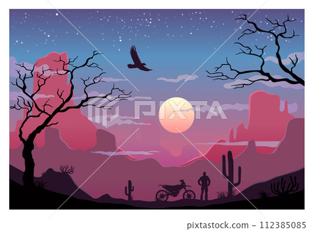 Biker in the desert looks at the sunset sky with clouds. Vector color illustration 112385085