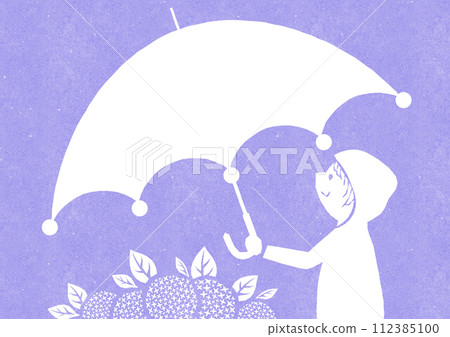 Retro rainy day card Children's background illustration of hydrangea, umbrella and raincoat (purple) 112385100