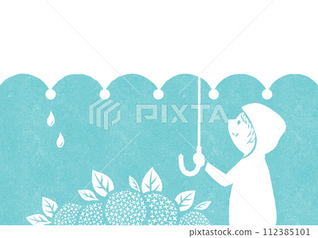 Retro rainy day card Children's background illustration of hydrangea, umbrella and raincoat (light blue) Retro rainy day card Children's background illustration of hydrangea, umbrella and raincoat (light blue) 112385101