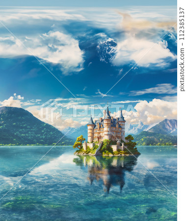 Illustration of a european castle floating on a lake 112385137