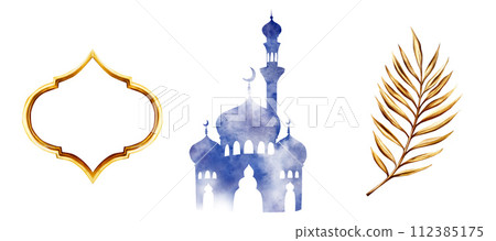 Watercolor set of illustrations with Islamic arabian golden arabian mosaic, date palm, silhouette of Islamic mosque and minaret isolated on white background. Muslim hand drawn holiday Ramadan Kareem 112385175