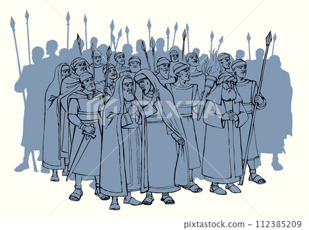 Old Pharisee Priest with army. Vector drawing 112385209