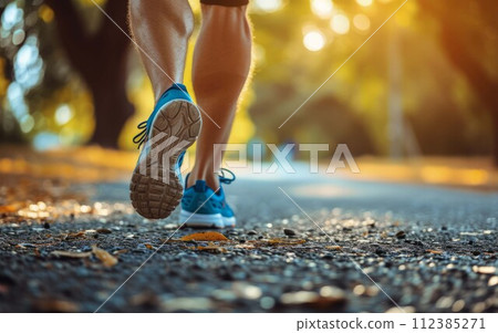 Runner athlete running on forest trail. woman fitness jogging workout wellness concept. 112385271