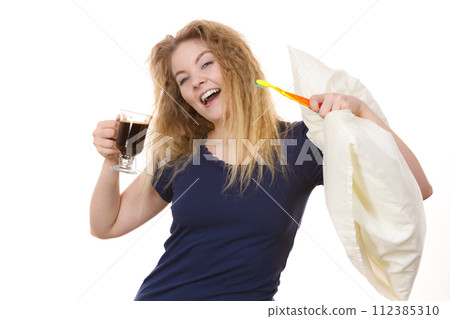 Funny woman being late drinking coffee 112385310
