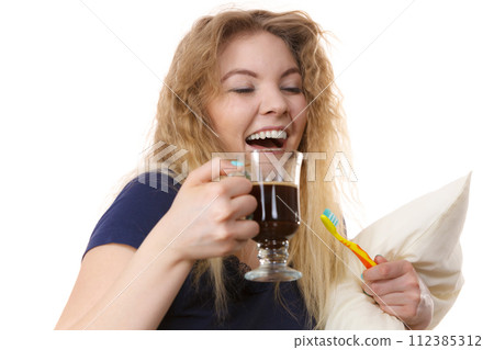 Funny woman being late drinking coffee Funny woman being late drinking coffee 112385312