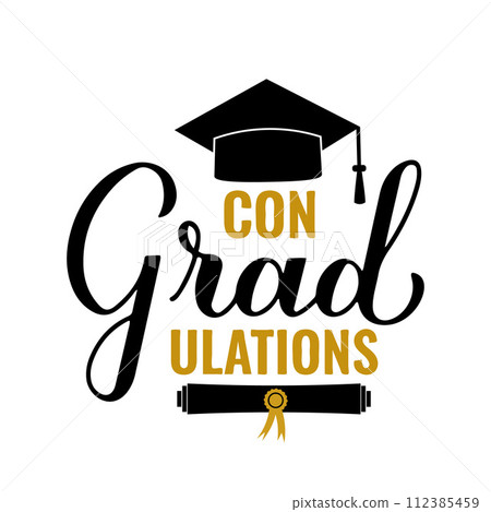 ConGRADutations lettering with graduation hat isolated on white. Congratulations to graduates typography poster.  Vector template for greeting card, banner, sticker, label, shirt, etc. 112385459