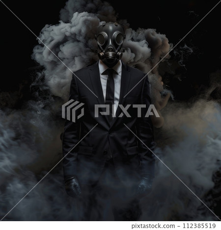 Man in a gas mask on a dark background with a cloud of smoke 112385519