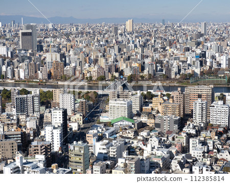 Tokyo cityscape Sumida River and Toibashi Bridge 112385814