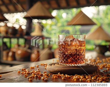 whisky shooting concept, young rice flat layout with clear sky, Vietnam traditional conical hat, whisky shooting concept, young rice flat layout with clear sky, Vietnam traditional conical hat, 112385893