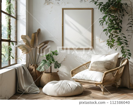 Empty wooden picture frame mockup hanging on beige wall background. Empty wooden picture frame mockup hanging on beige wall background. 112386040
