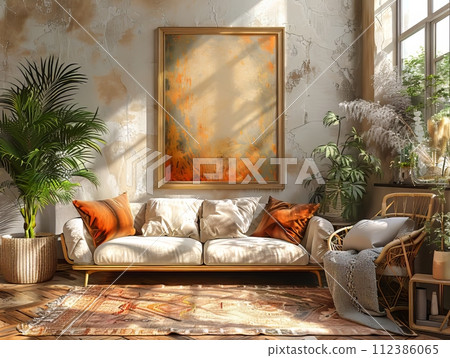 Blank beige frame mockup leaning against the wall in a living room Blank beige frame mockup leaning against the wall in a living room 112386065
