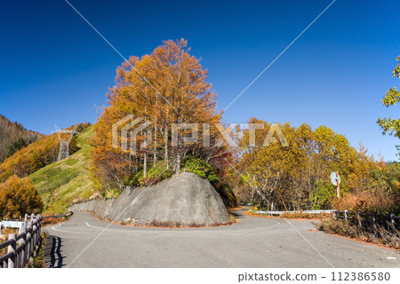 Autumn leaves at Nomugi Pass/hairpin curve [Nagano Prefectural Road/Gifu Prefectural Road No. 39 Nagawa Nomugi Takane Line] 112386580