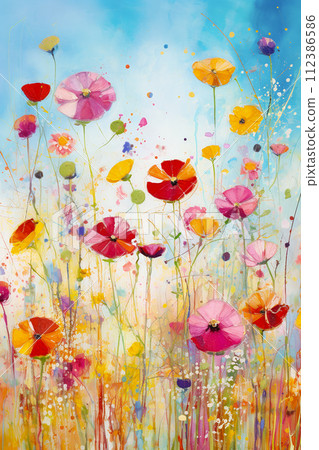 AI-generated content. A captivating, colorful abstract floral painting with lively splatters and blooms, evoking a sense of whimsical beauty 112386586