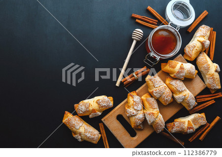 Freshly baked. Good quality croissants. Bakery. Bread bakery products cafe concept, flat lay. 112386779