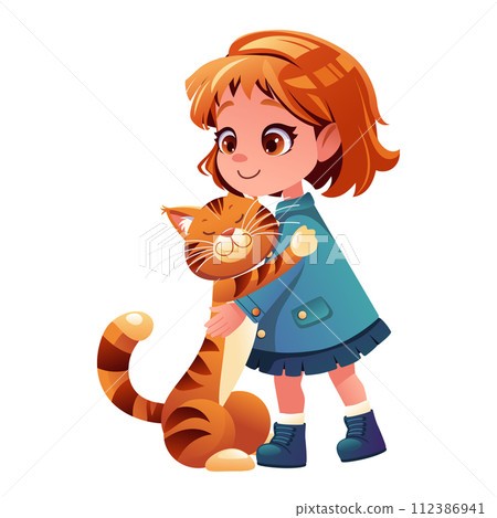 Vector happy smiling girl and cat 112386941